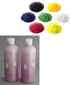 (Top) Colored BIOLLOY TM pellets (Bottom) Bottles that contain BIOLLOY TM